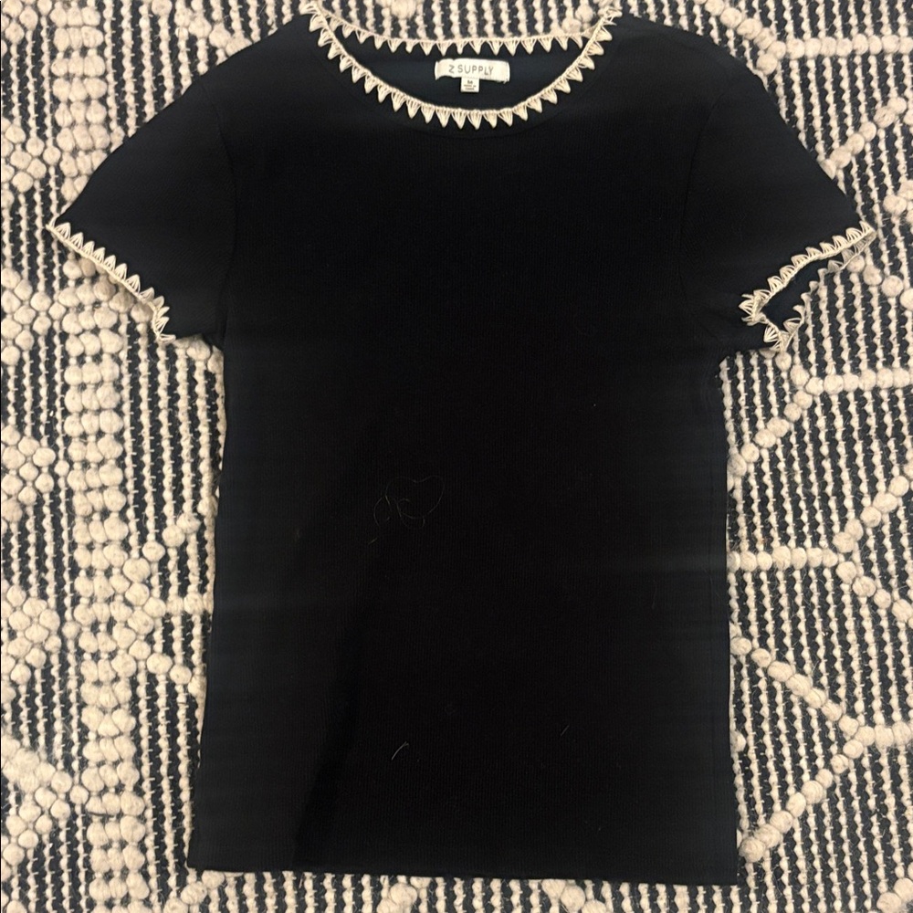 Z Supply Black Short Sleeve Tee with Cream Scallop Trim